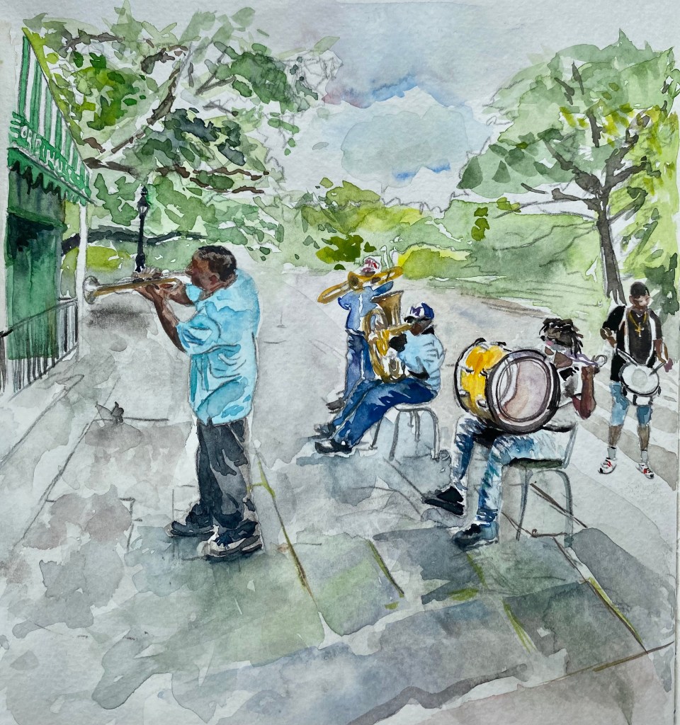 Cafe Du Monde Street Band Original Watercolor by Phoebe Kellerman