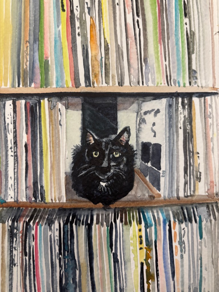 Cat on a shelf in between Vinyl records.  original watercolor by Phoebe Kellerman